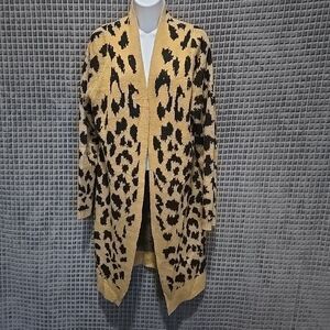Long Soft Leopard Cardigan Duster SzL Kori Sweater Trench Cozy Fuzzy Knit Open